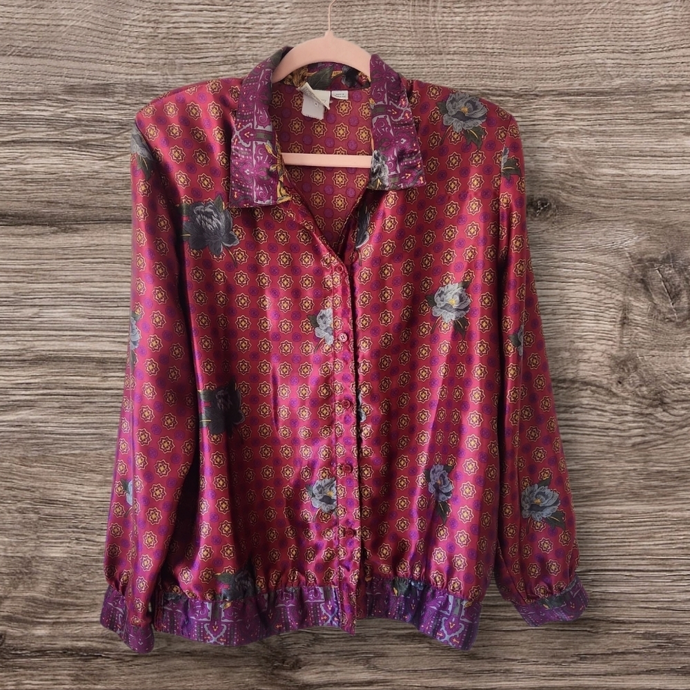 Vintage 80s Pykettes Silky Floral Blouse Button‎ down shirt Size L